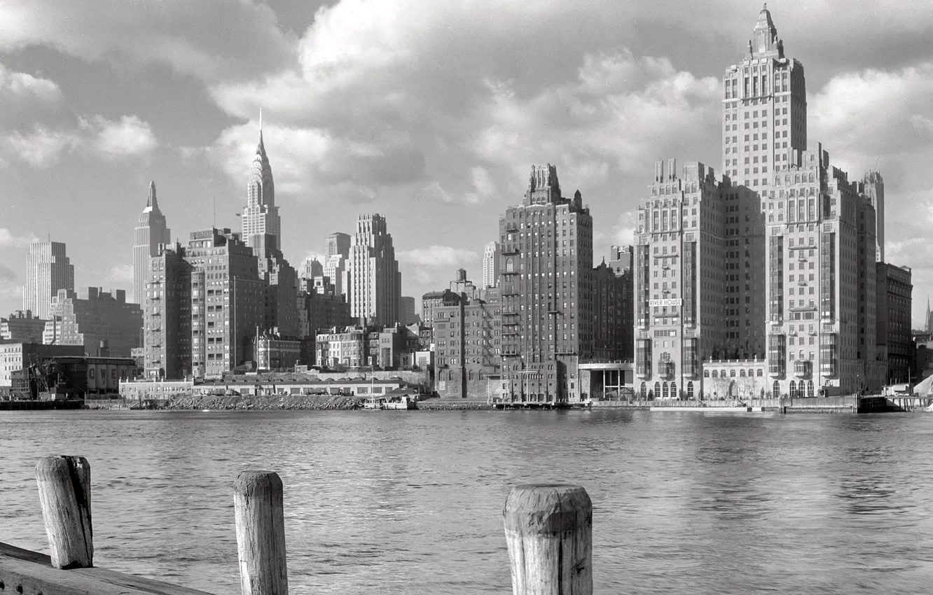 Фото обои ретро, река, дома, Нью-Йорк, США, Манхэттен, 1931-й год