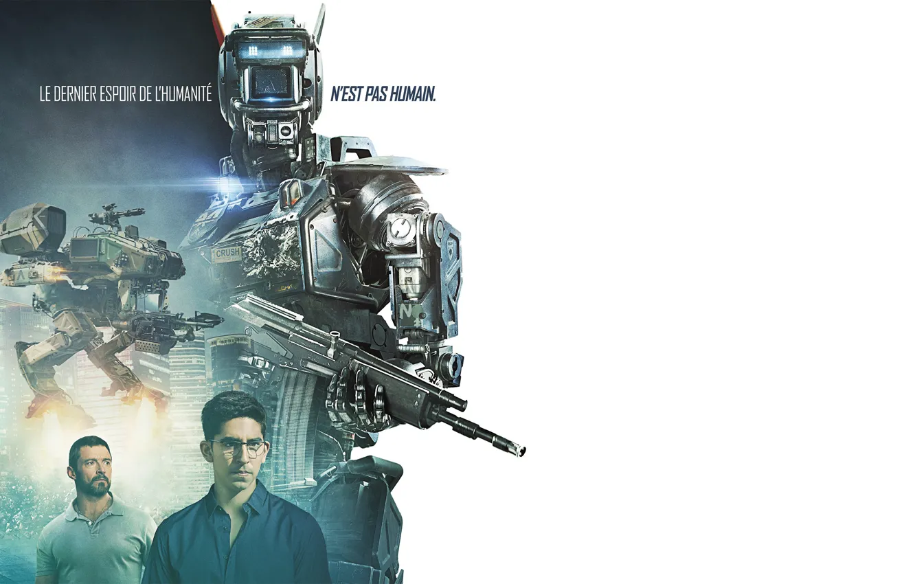 Фото обои оружие, робот, белый фон, постер, Hugh Jackman, Хью Джекман, Chappie, Робот по имени Чаппи