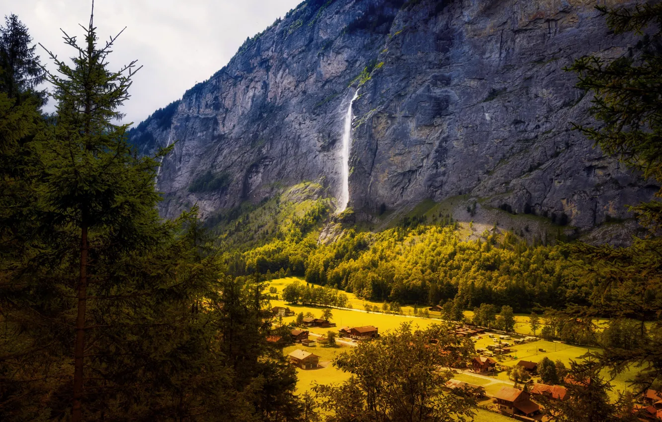 Фото обои лес, деревья, горы, скалы, поля, водопад, Швейцария, долина