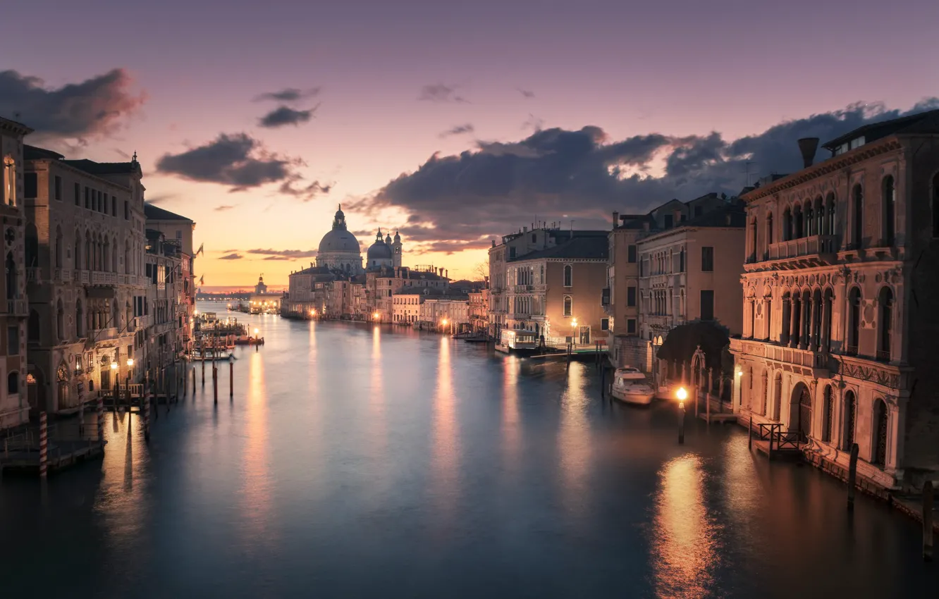 Фото обои город, рассвет, здания, дома, утро, Италия, Венеция, канал