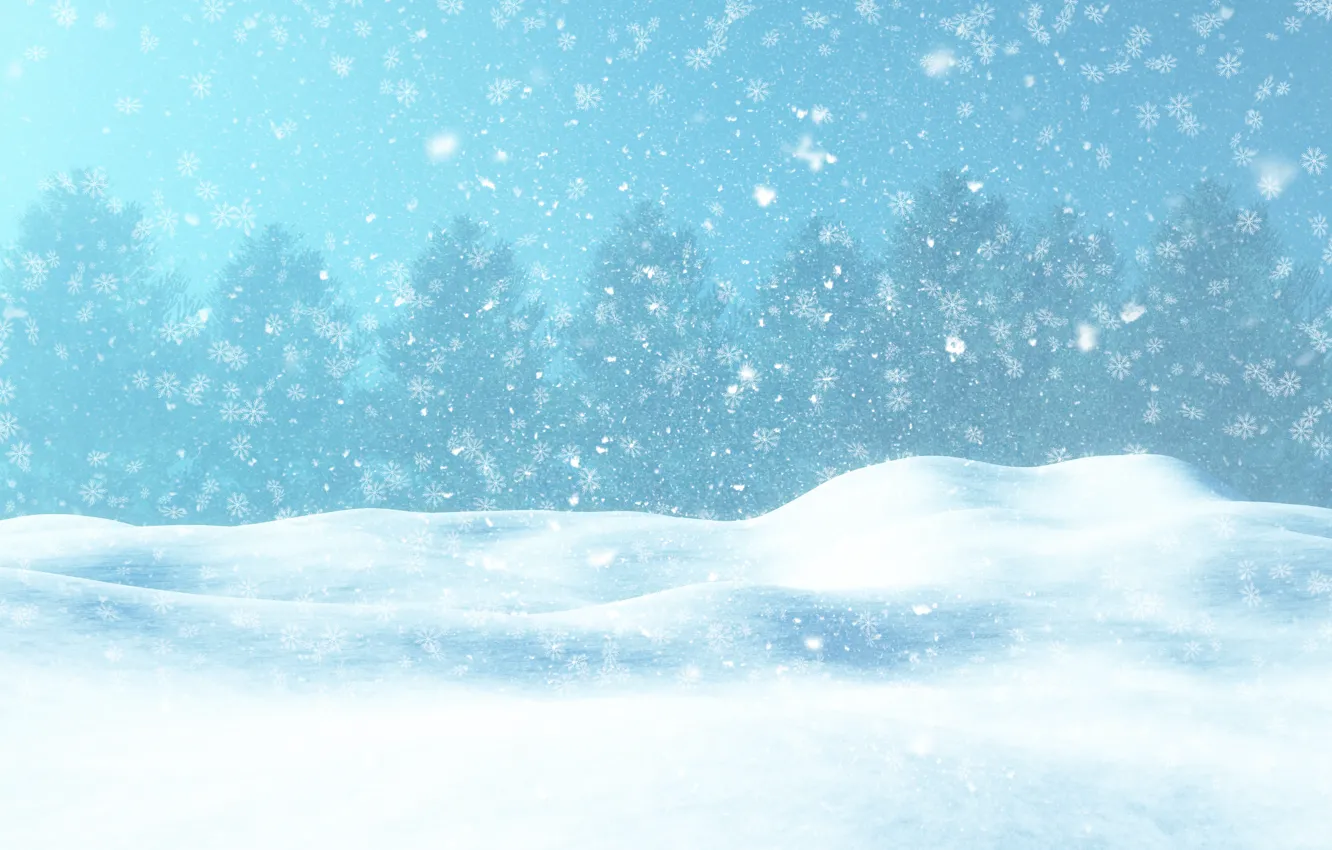 Фото обои зима, лес, небо, снег, снежинки, туман, текстура, ели