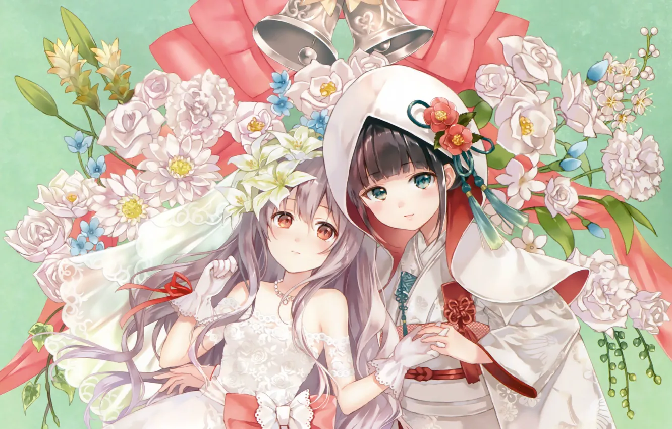 Фото обои цветы, две, капюшон, перчатки, корсет, кимоно, бант, колокольчики