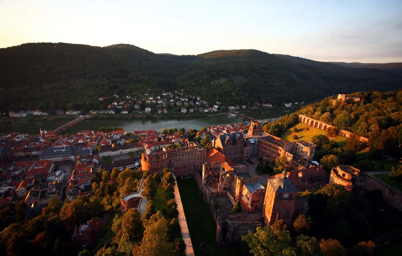 Фото обои река, замок, дома, Германия, мосты, вид сверху, Heidelberg