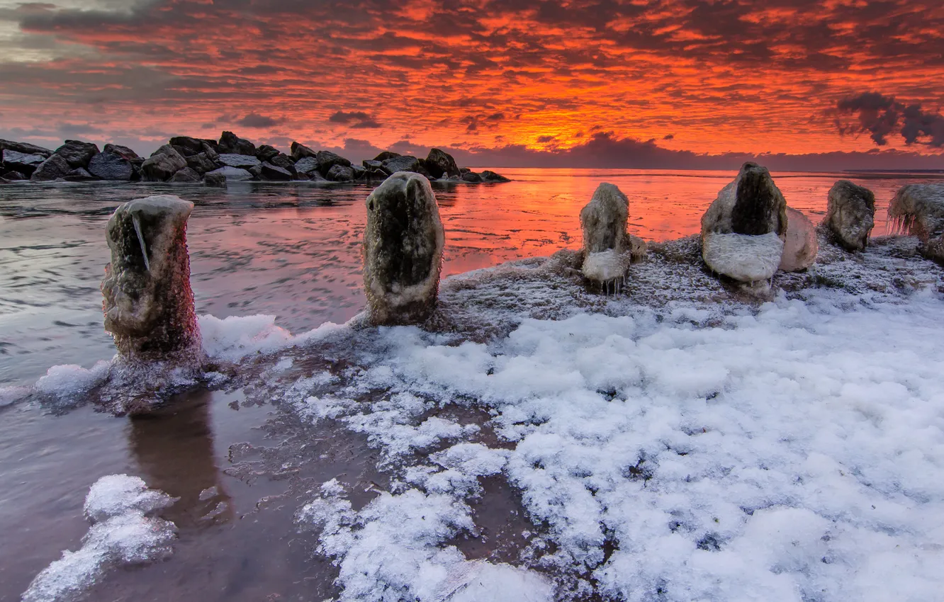 Фото обои зима, море, закат