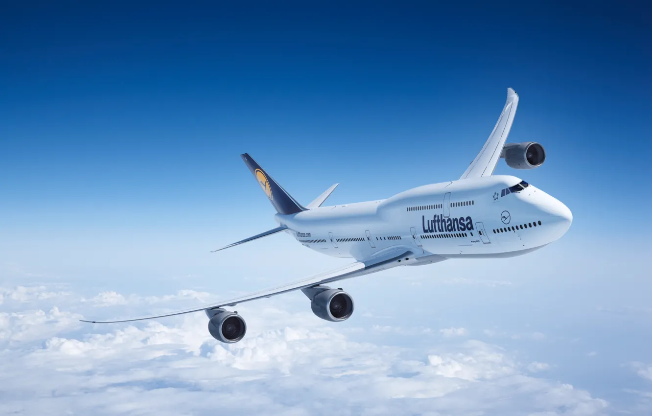 Фото обои Облака, Самолет, Полет, Boeing, Боинг, 747, Lufthansa, В Воздухе