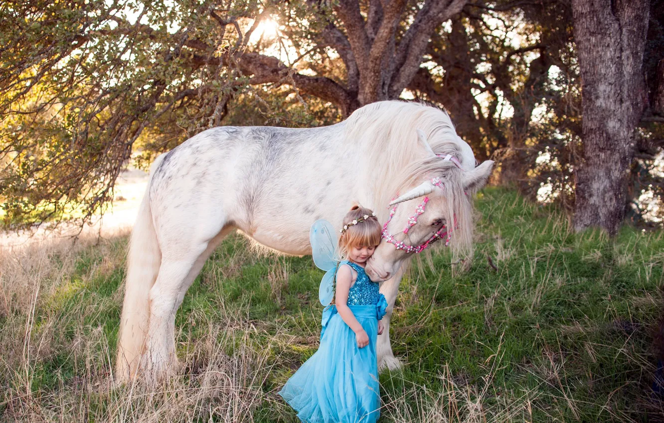Фото обои лошадь, фея, единорог, девочка