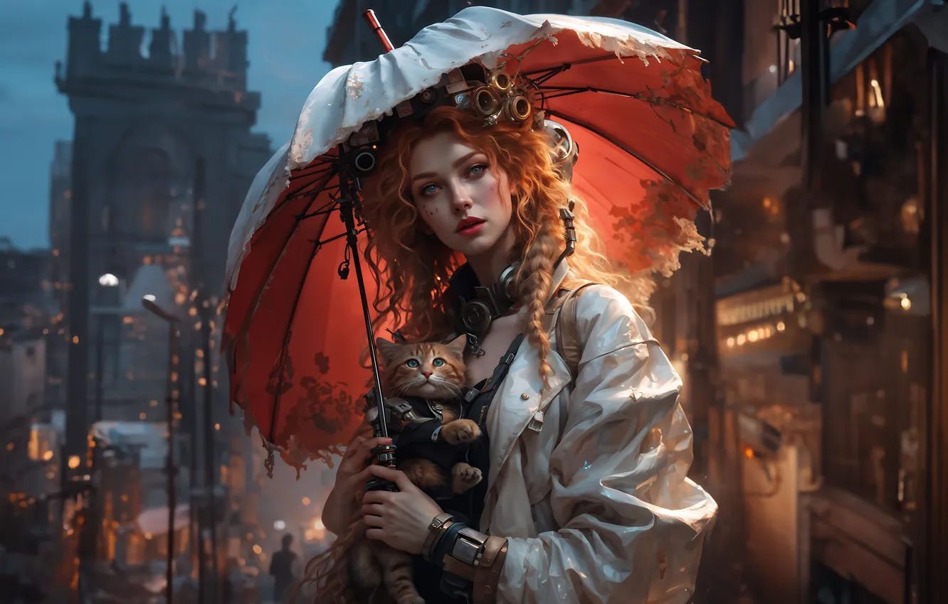Фото обои кошка, кот, взгляд, девушка, свет, город, огни, поза