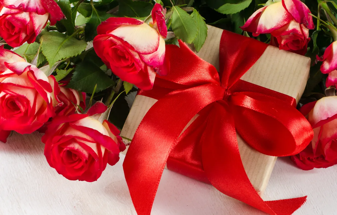 Фото обои любовь, подарок, розы, букет, лента, красные, red, love