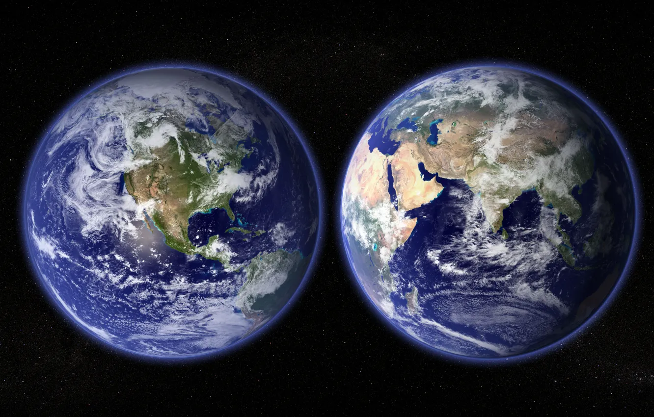 Фото обои космос, звезды, планета, Земля, материки, полушария, океаны