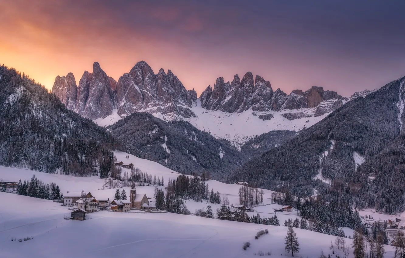 Фото обои зима, снег, деревья, горы, дома, деревня, Италия, Italy