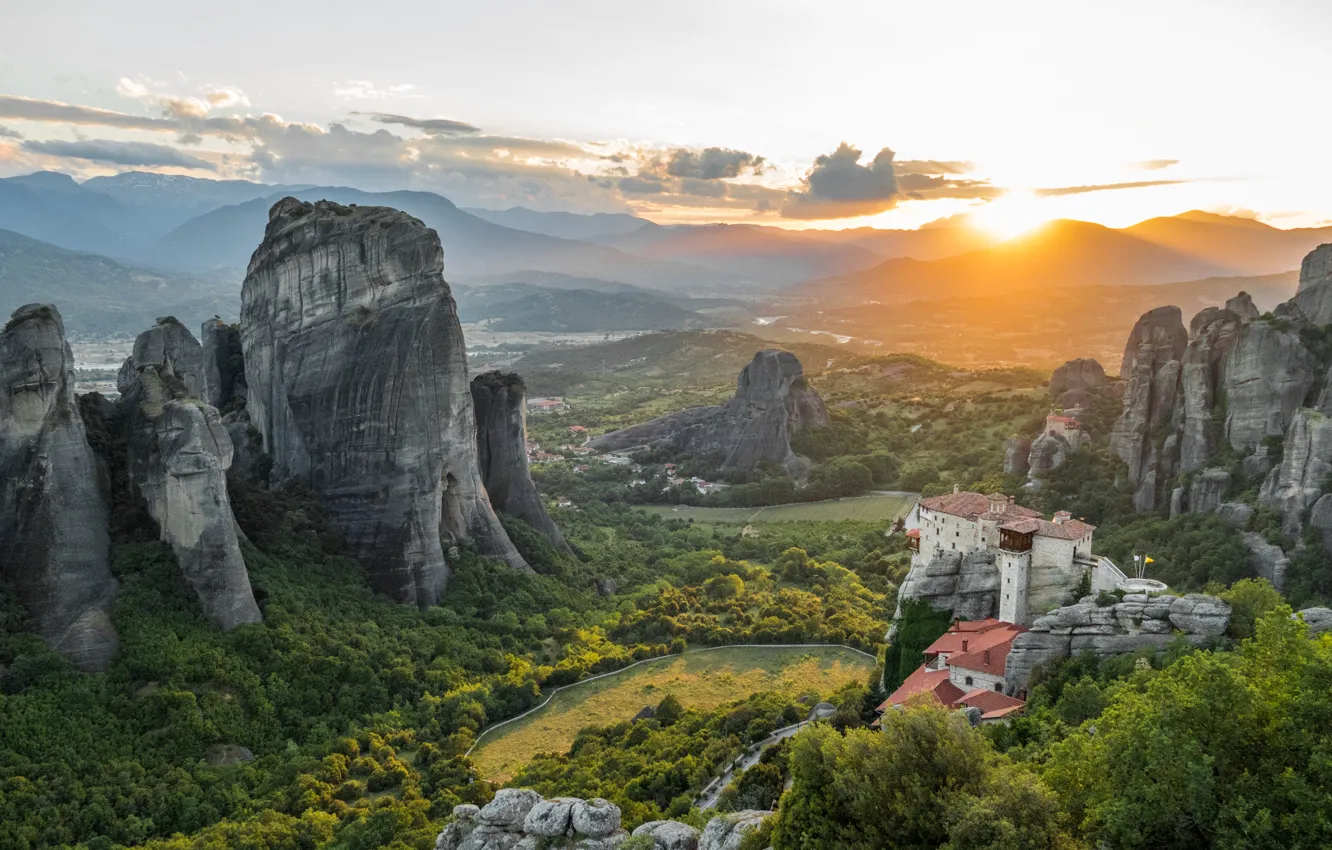 Фото обои Горы, Греция, Пейзаж, Метеоры, Монастырь