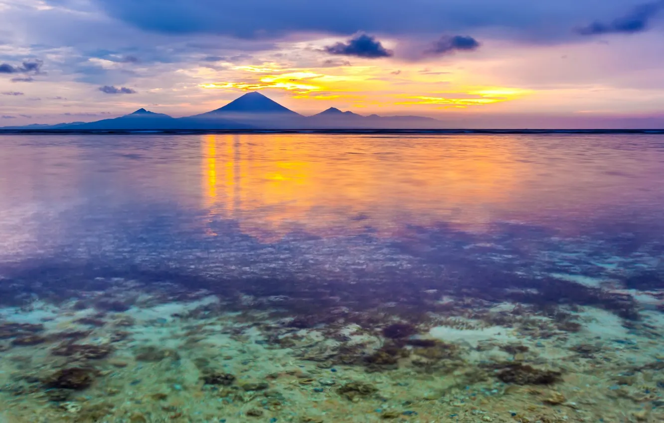 Фото обои sky, sea, landscape, nature, sunset, water, mountains, clouds