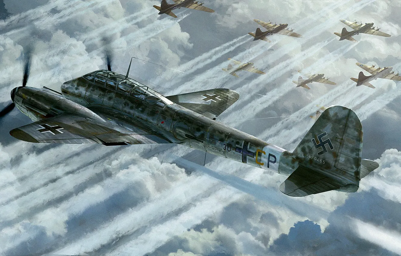 Фото обои рисунок, арт, Messerschmitt, Hornisse, б-17, Шершень, Me.410, немецкий тяжелый истребитель-бомбардировщик