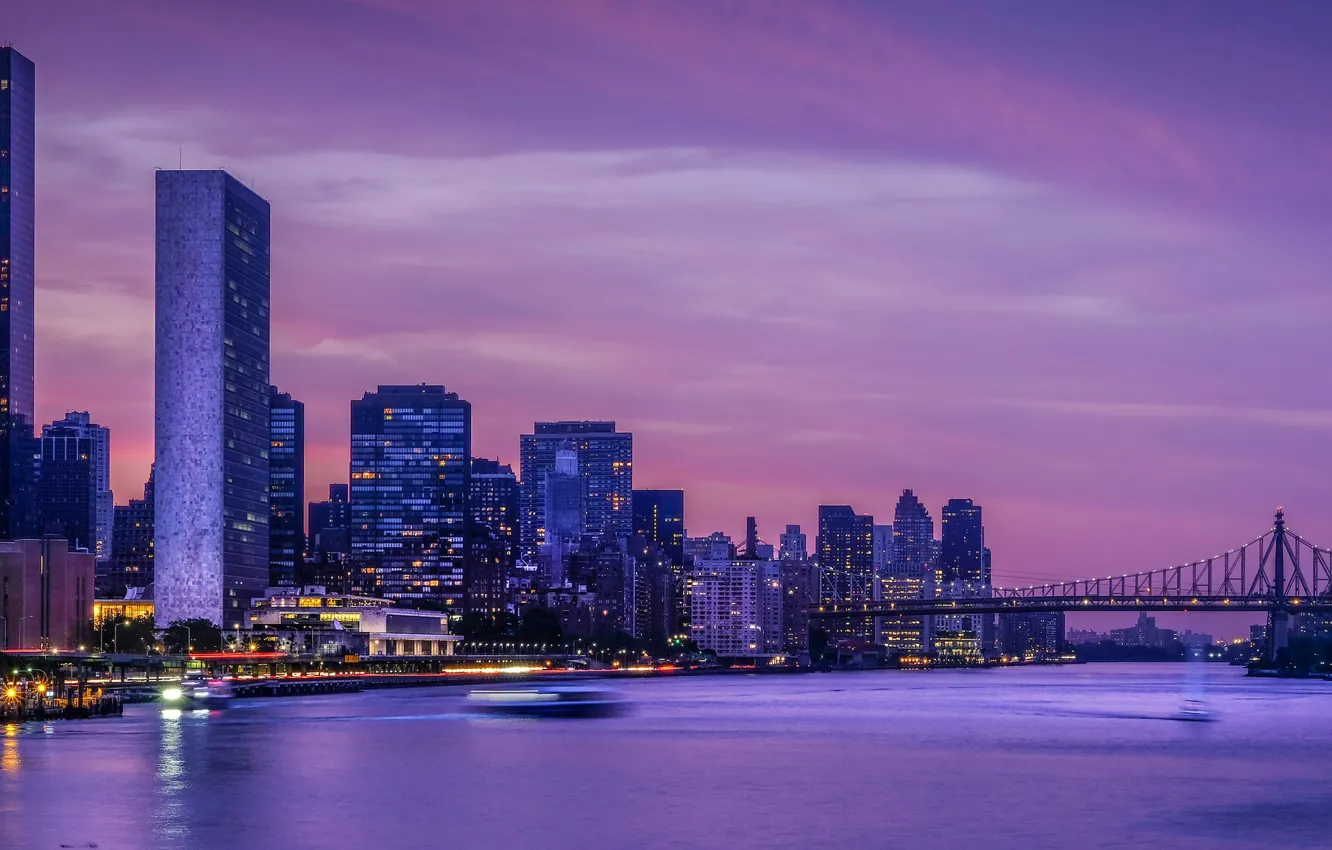 Фото обои мост, пролив, здания, Нью-Йорк, ночной город, небоскрёбы, New York City, East River