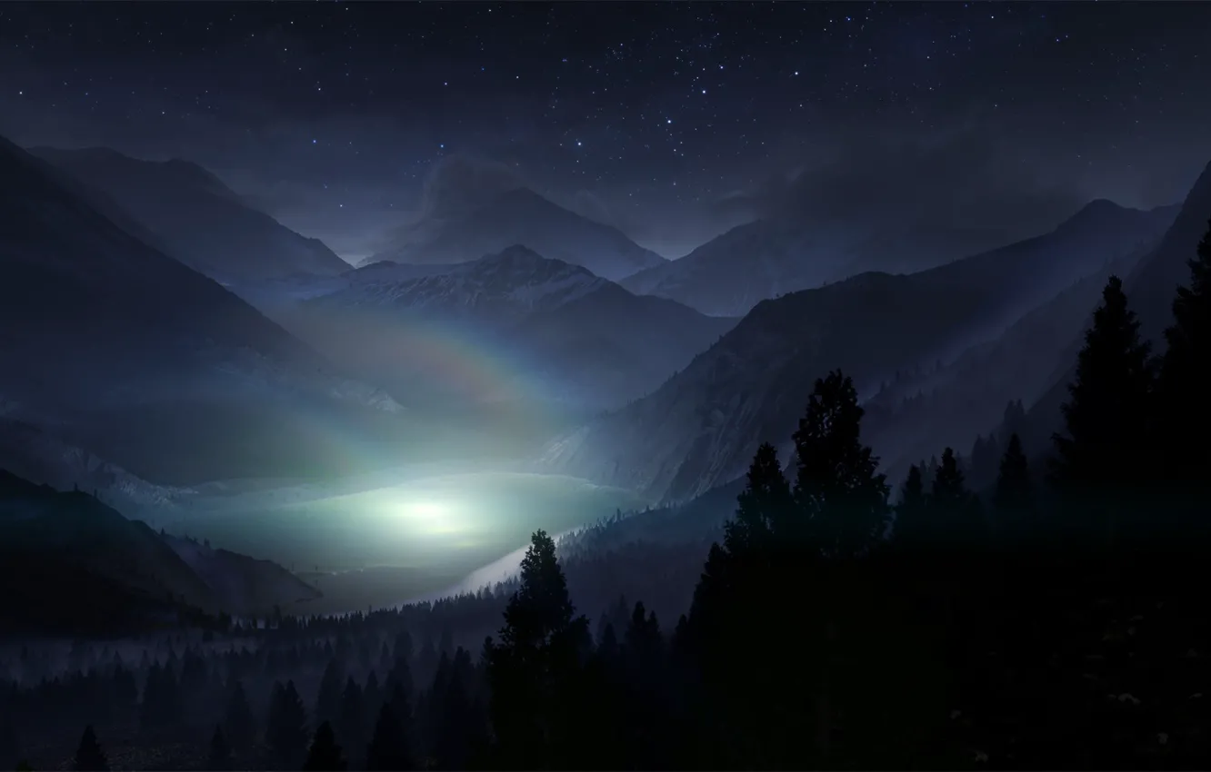 Фото обои лес, небо, звезды, свет, деревья, пейзаж, горы, ночь