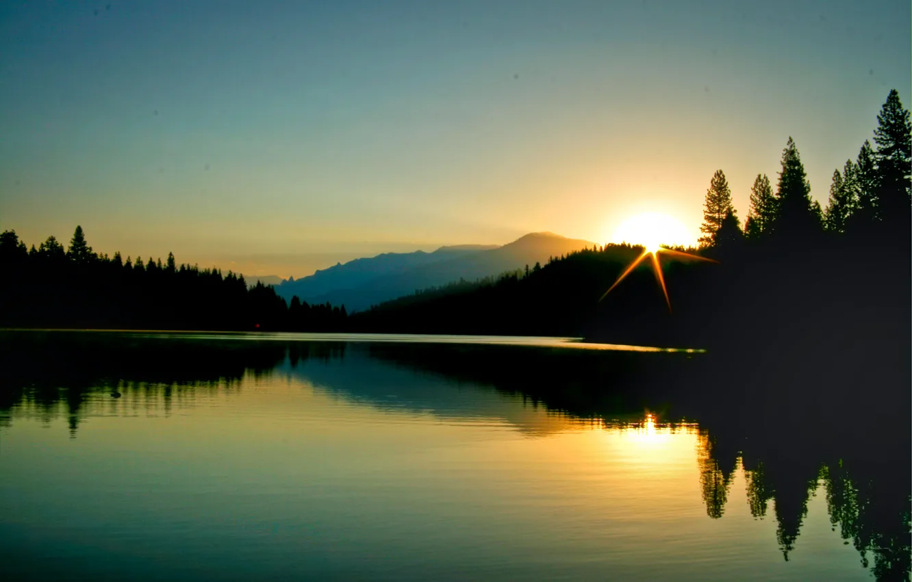 Фото обои лес, природа, отражение, рассвет, утро, горное озеро, morning at Hume Lake