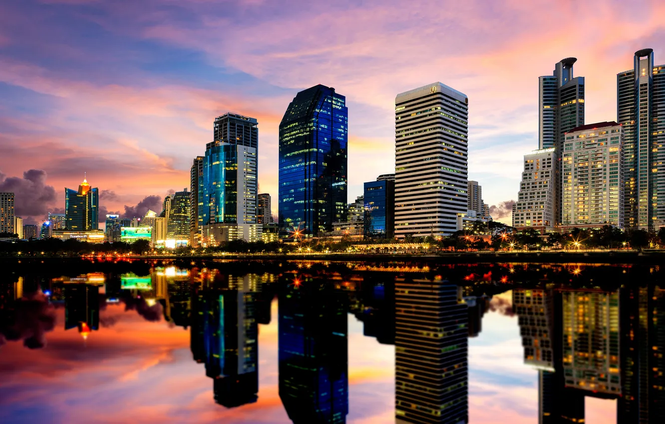Фото обои закат, город, отражение, река, здания, небоскребы, Thailand, Bangkok
