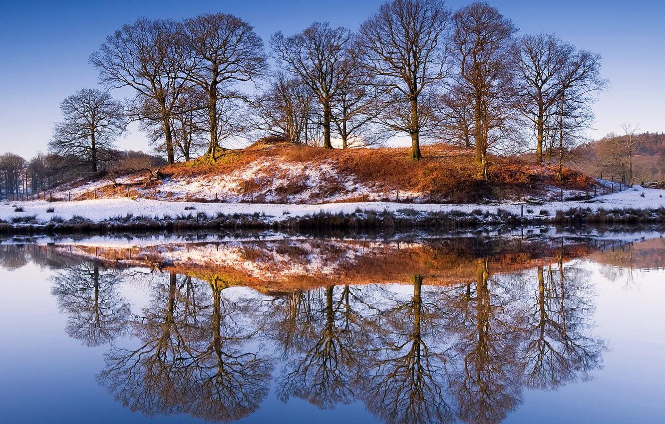 Фото обои зима, снег, деревья, отражение, река, берег, Природа