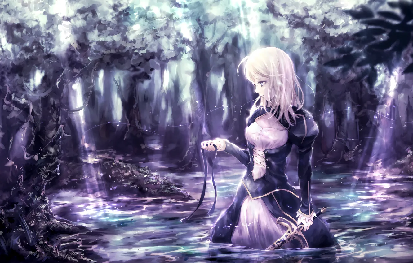 Фото обои лес, девушка, озеро, меч, лента, сейбер, Судьба ночь схватки, Fate / Stay Night