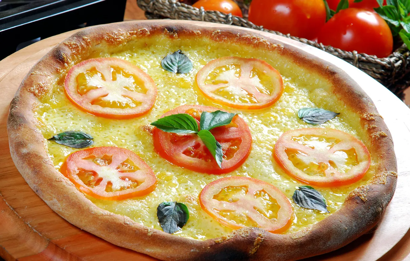 Фото обои сыр, овощи, пицца, помидоры, pizza, начинка, базилик