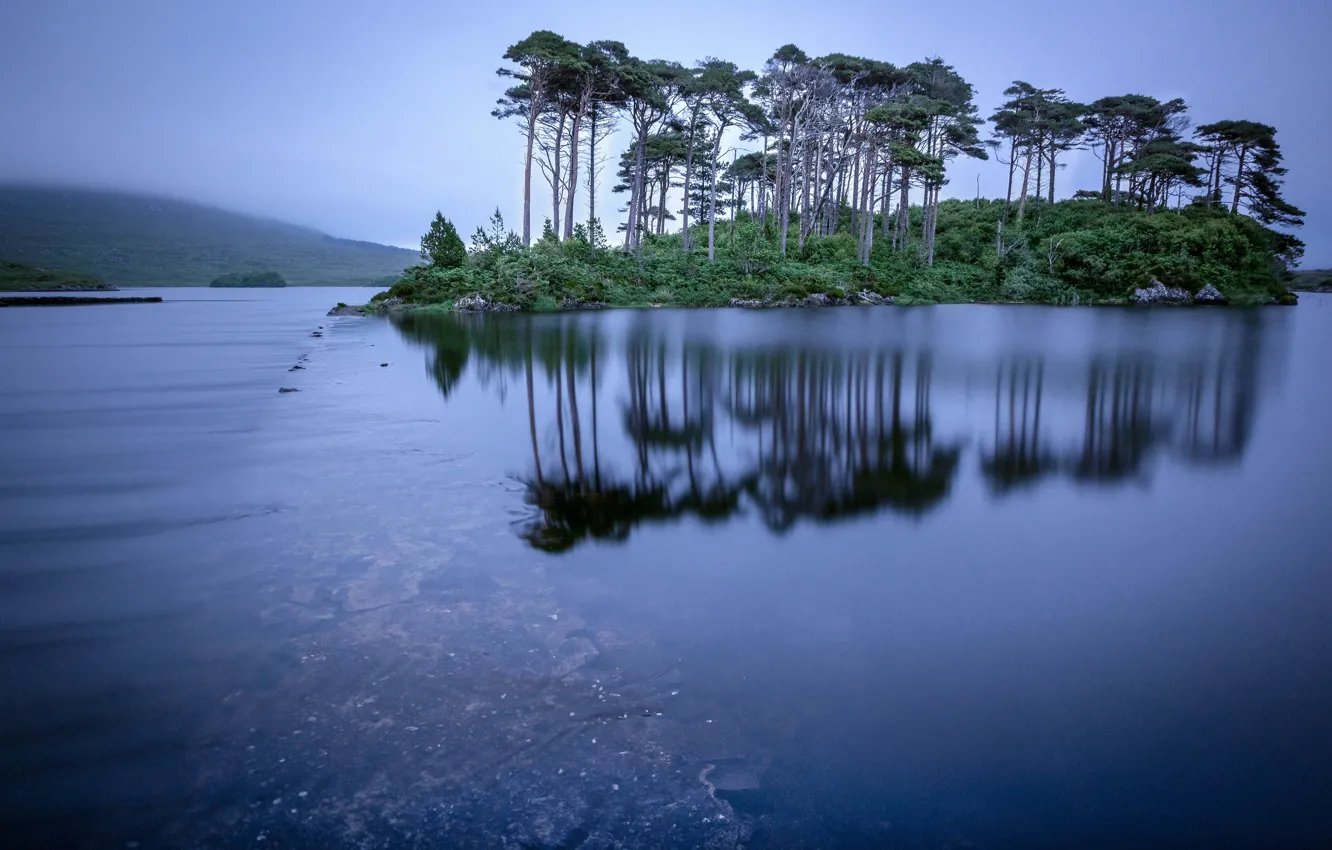 Фото обои деревья, озеро, отражение, остров, Ирландия, Ireland, Connemara, Коннемара