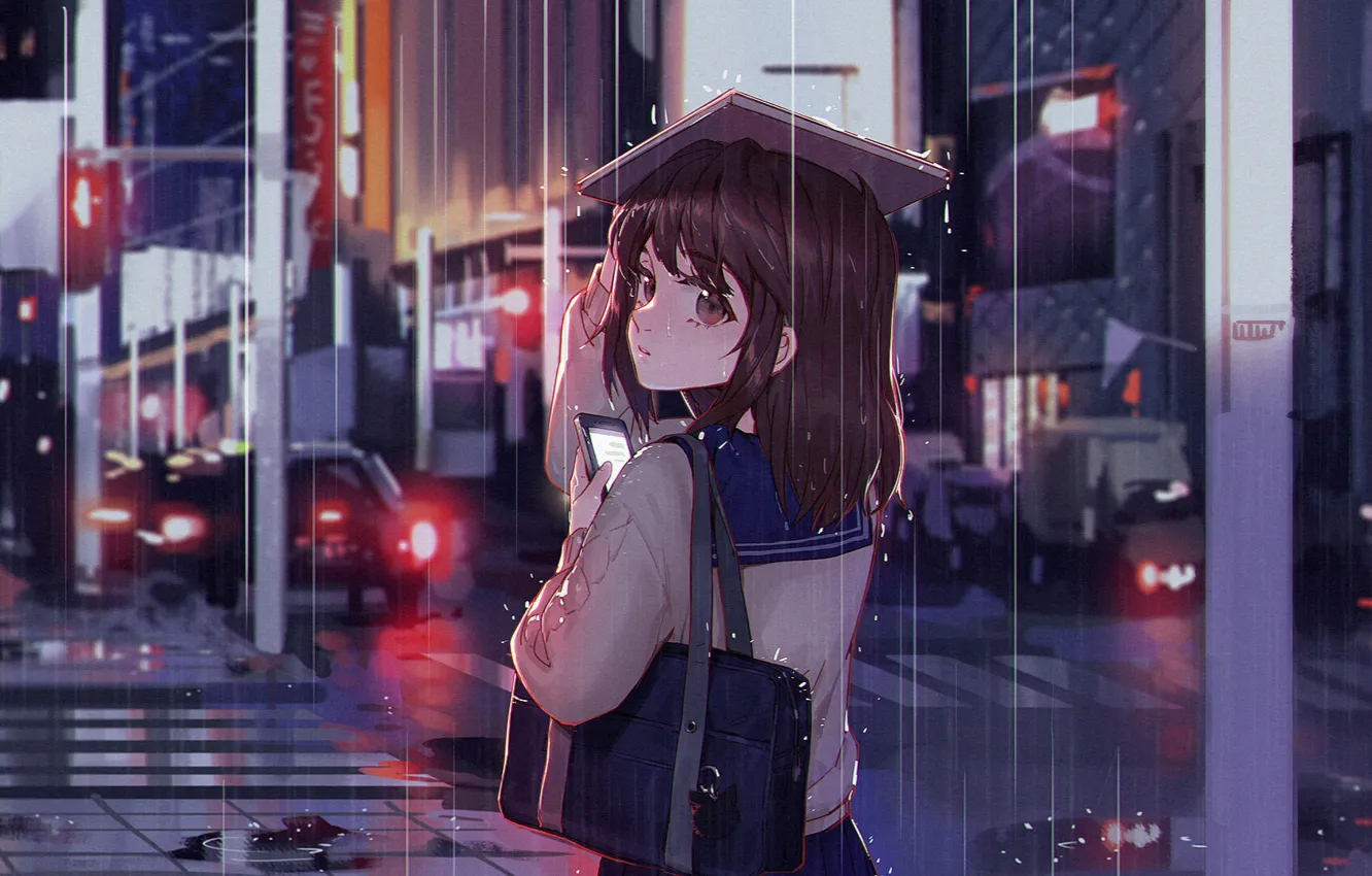 Фото обои ночь, город, дождь, девочка