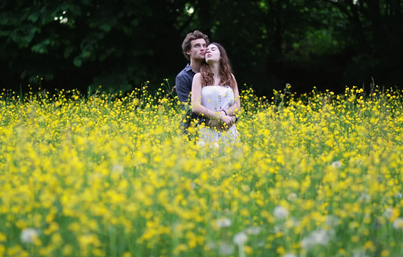 Фото обои поле, девушка, цветы, объятия, мужчина, влюбленные