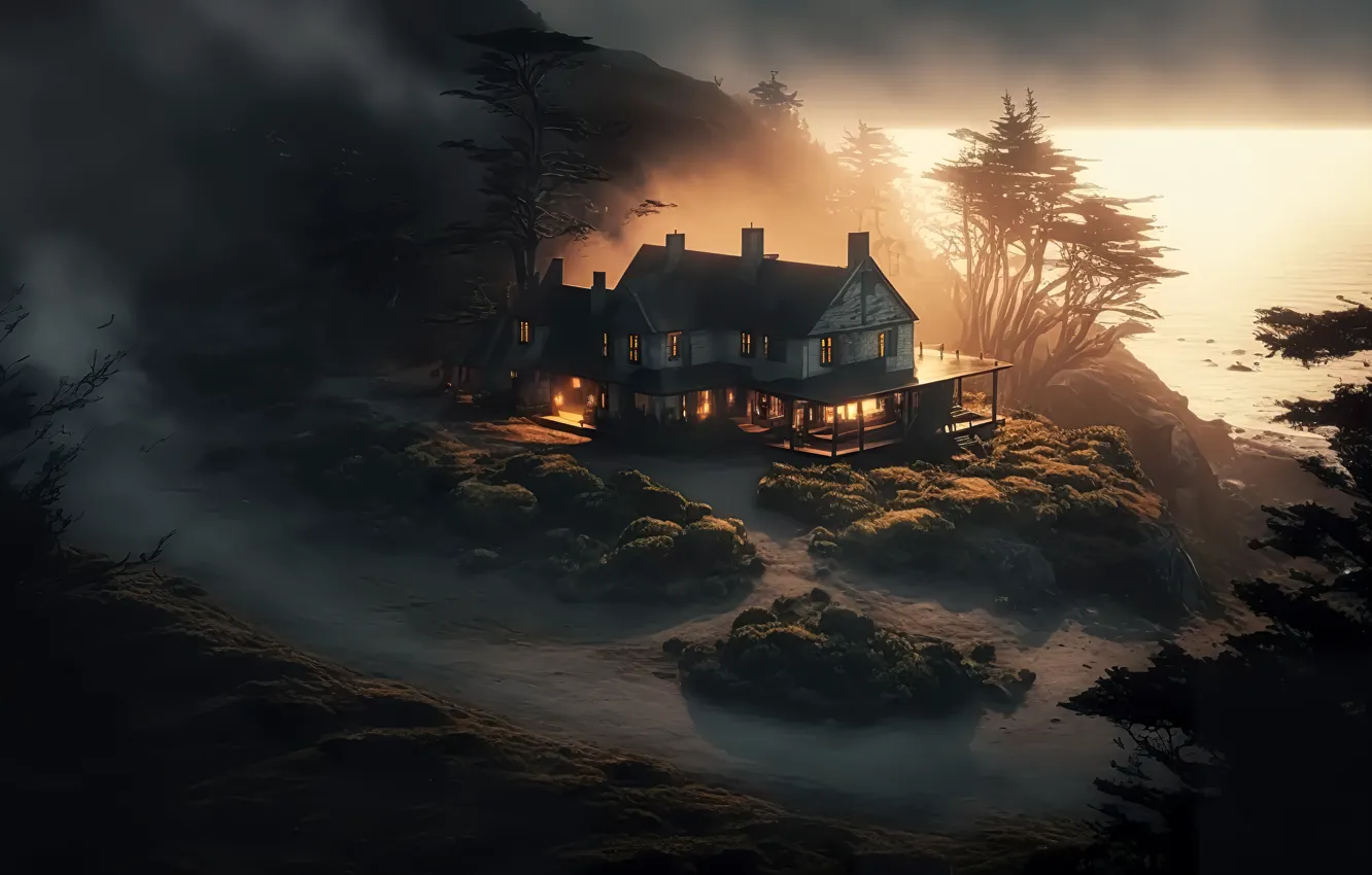 Фото обои море, туман, дом, берег, темный, dark, house, sea