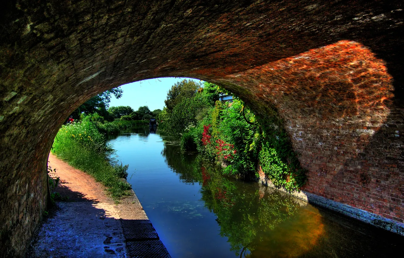 Фото обои вода, деревья, цветы, мост, канал, арка