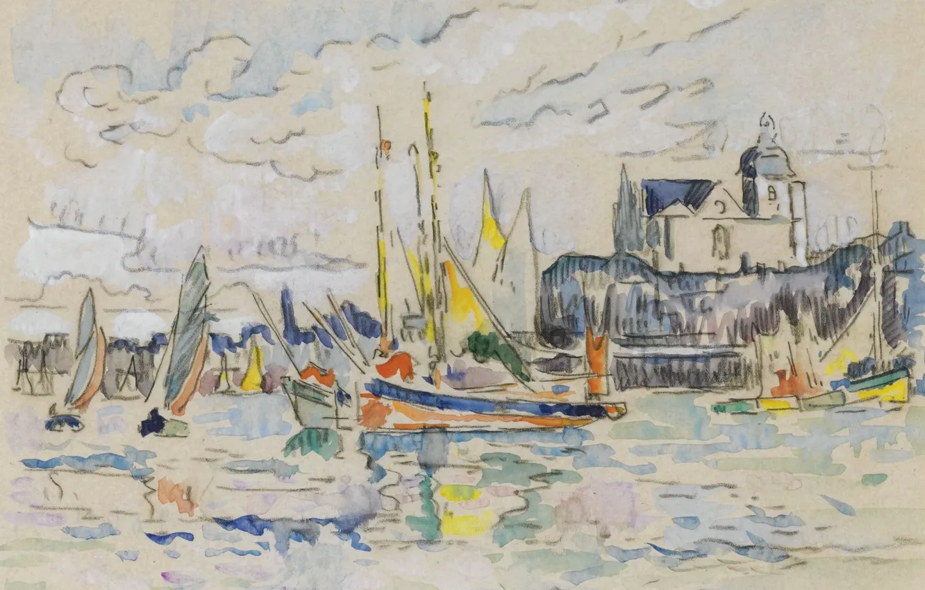 Фото обои рисунок, акварель, 1913, Поль Синьяк, Paul Signac, Вид на Порт Ле-Сабль-д'Олон