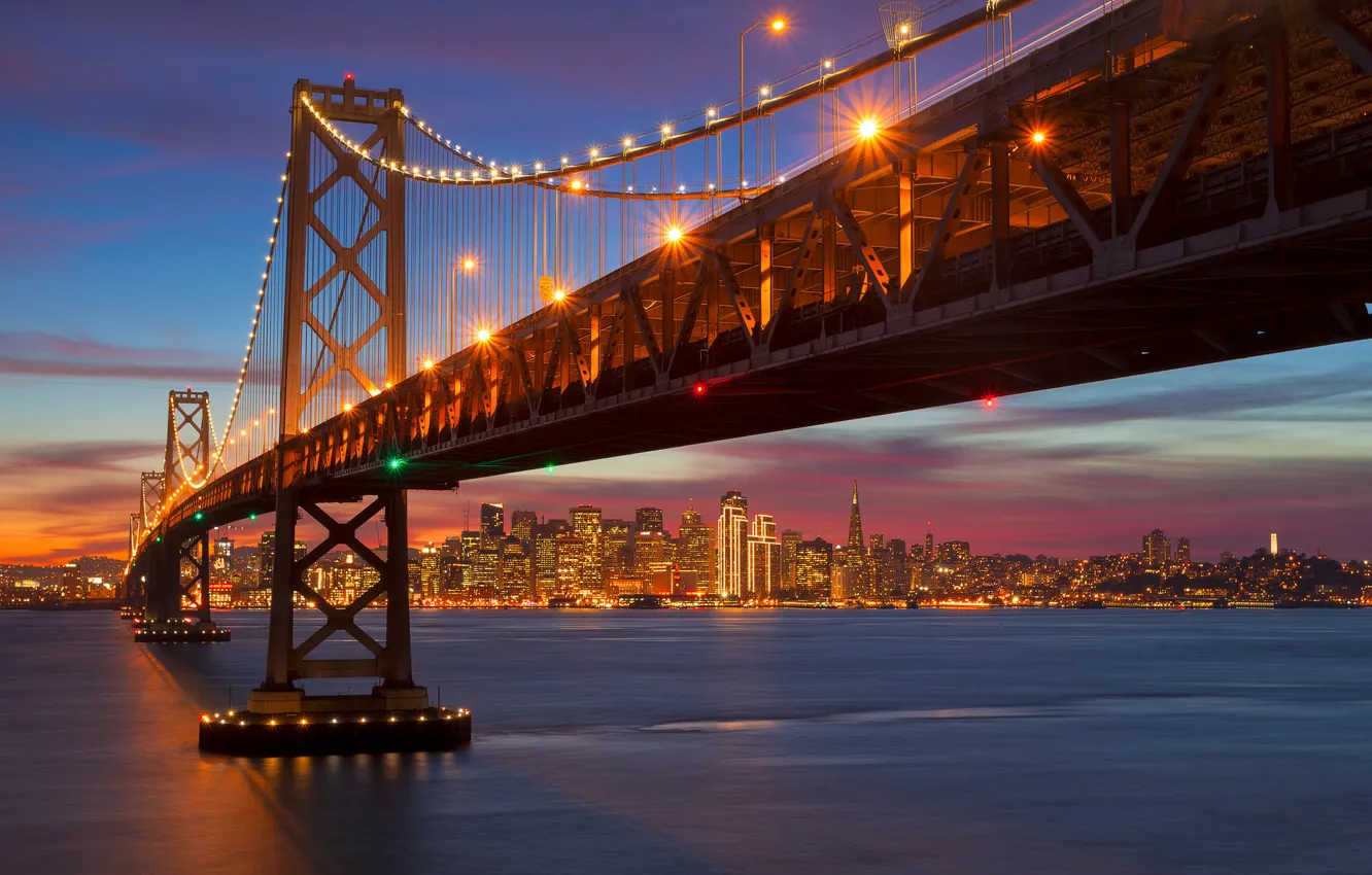 Фото обои ночь, город, огни, пролив, вечер, залив, Сан-Франциско, США