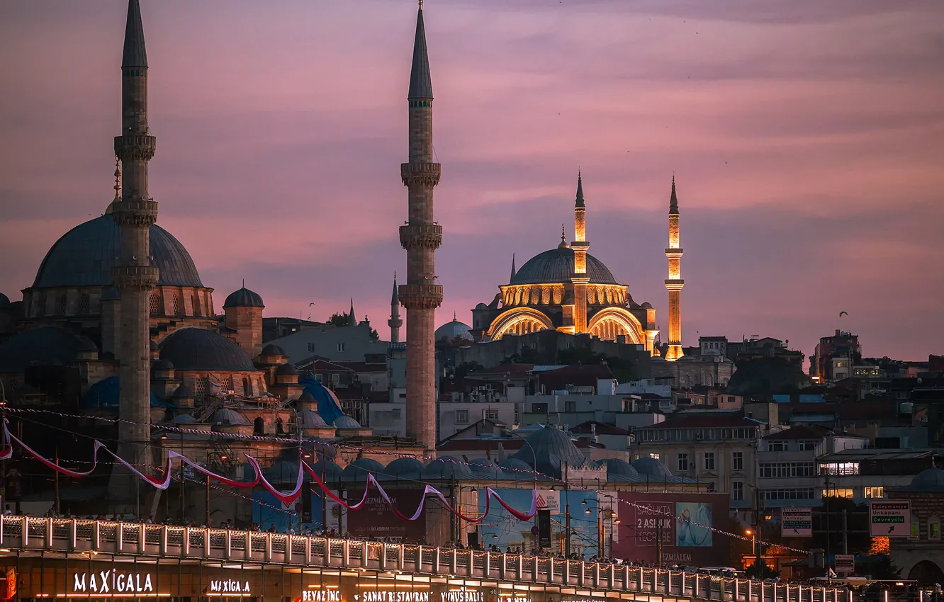 Фото обои город, вечер, освещение, мечеть, Стамбул, Турция, Галатский мост, Gennadiy Udovichenko