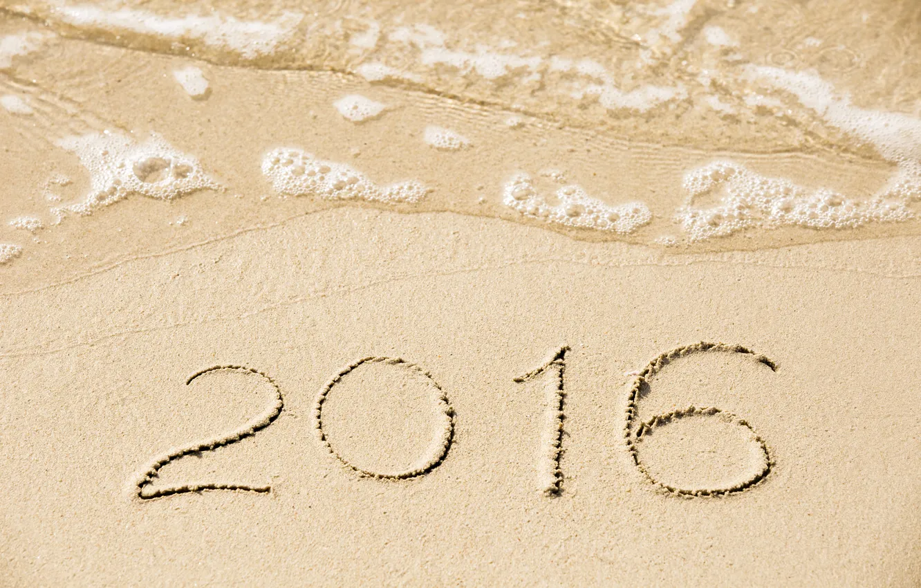 Фото обои песок, пляж, Новый Год, цифры, New Year, Happy, 2016