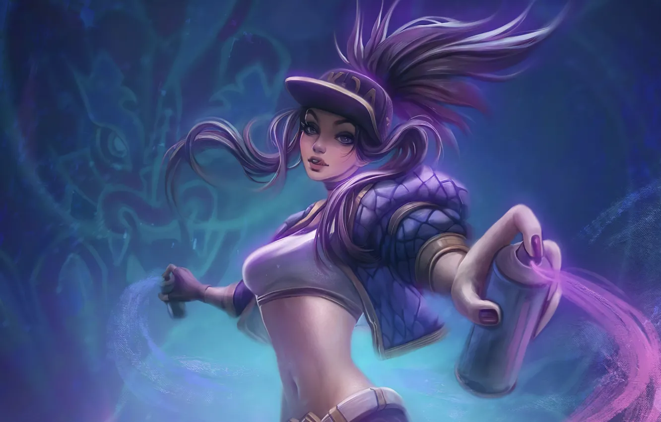 Фото обои секси, игра, топ, длинные волосы, Akali, лига легенд, баллончик с краской, League Of Legends