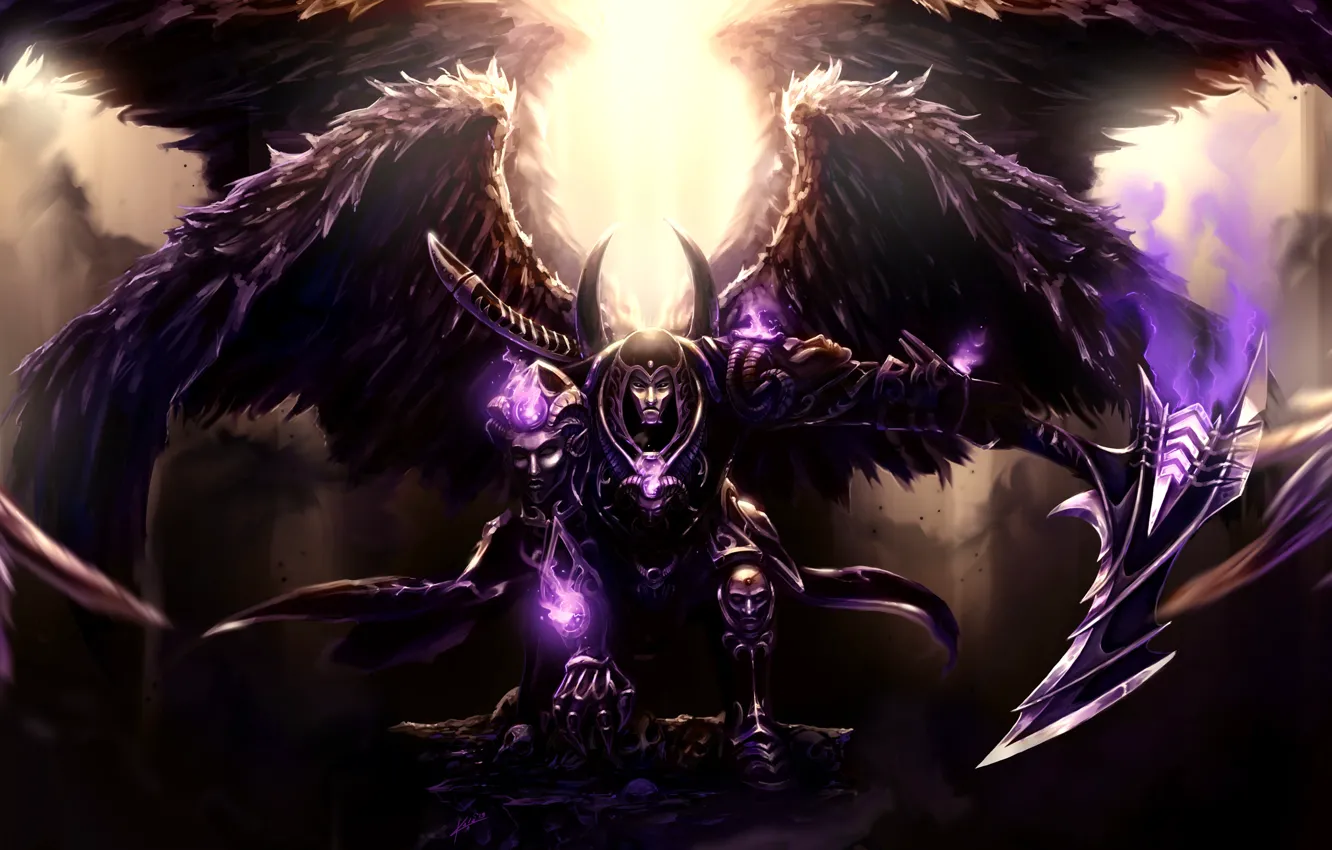 Фото обои оружие, крылья, свечение, доспехи, арт, коса, God of Death, Thanatos