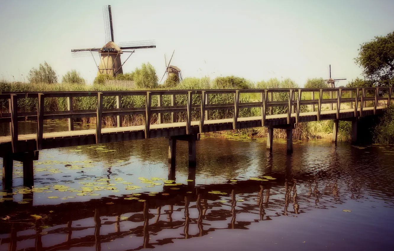 Фото обои пейзаж, мост, река, мельницы