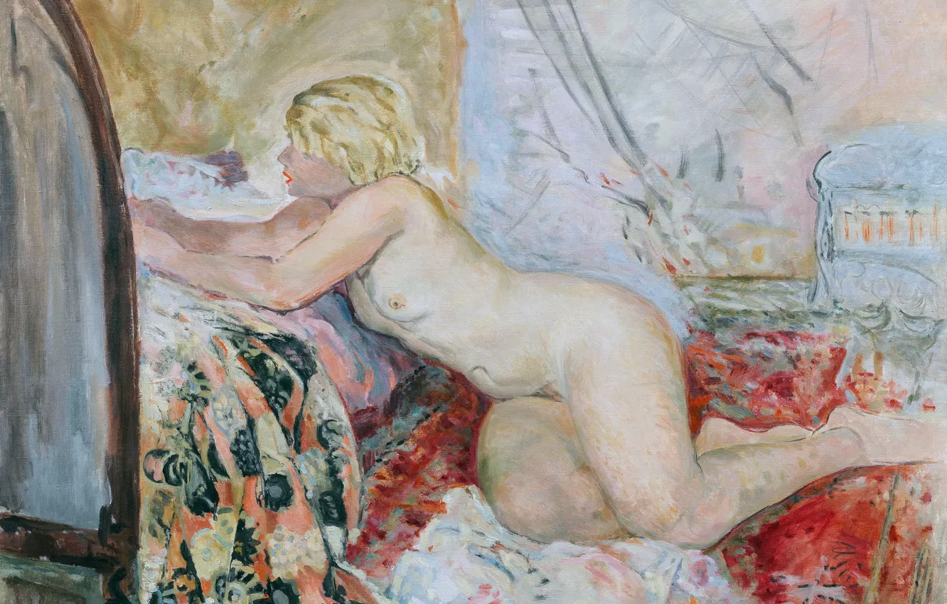 Фото обои Девушка, Картина, Кровать, Обнажена, Henri Lebasque, Анри Лебаск, Французский художник, Обнаженная лежащая на кровати