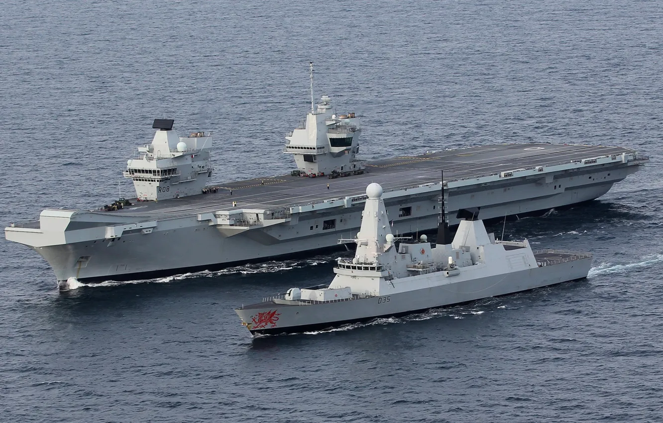 Фото обои Авианосец, HMS Dragon, Royal Navy, HMS Queen Elizabeth (R08), Эскадренные миноносцы типа 45