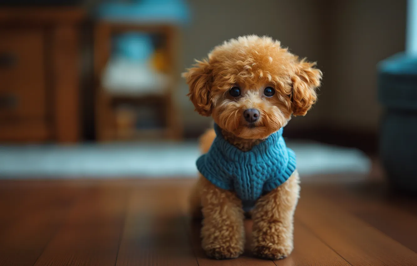 Фото обои взгляд, поза, комната, портрет, собака, пол, щенок, кофточка