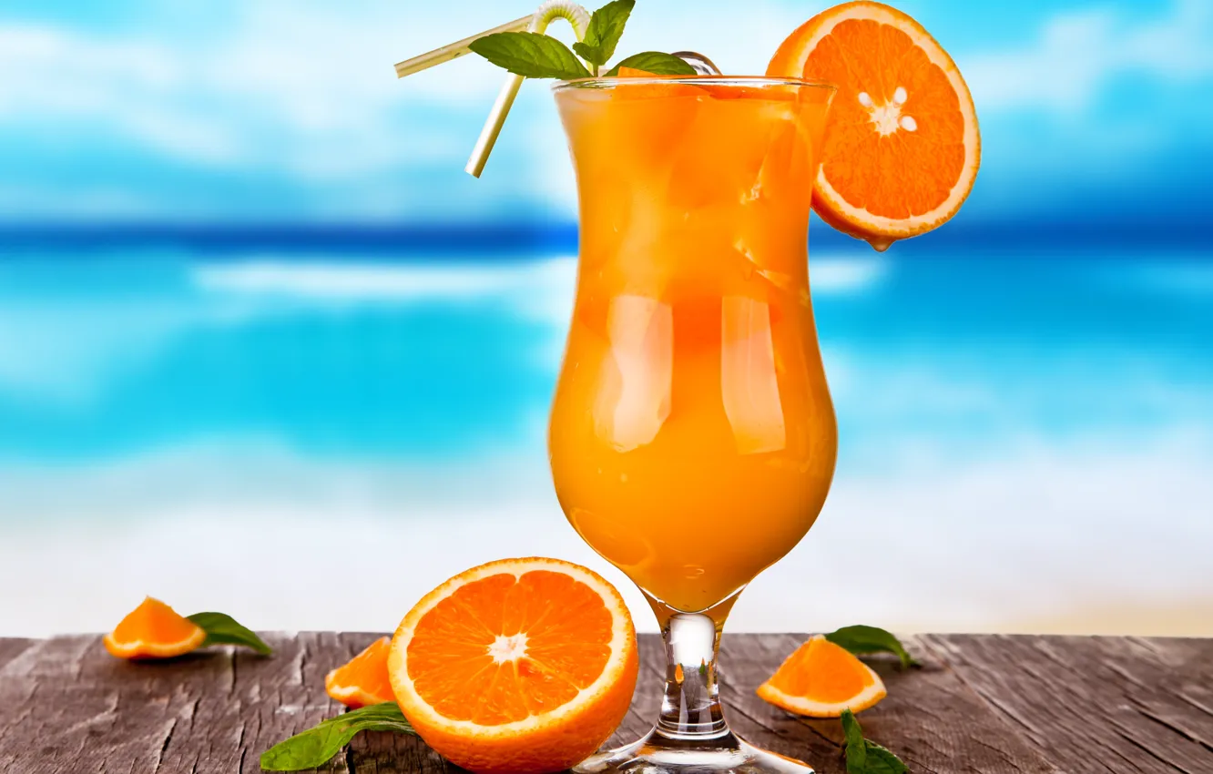 Фото обои лед, бокал, апельсины, сок, коктейль, напиток, цитрусы, фреш