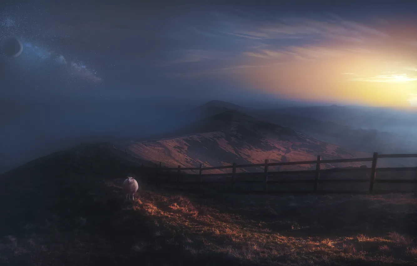 Фото обои солнце, закат, горы, темный фон, рендеринг, рассвет, планета, овца