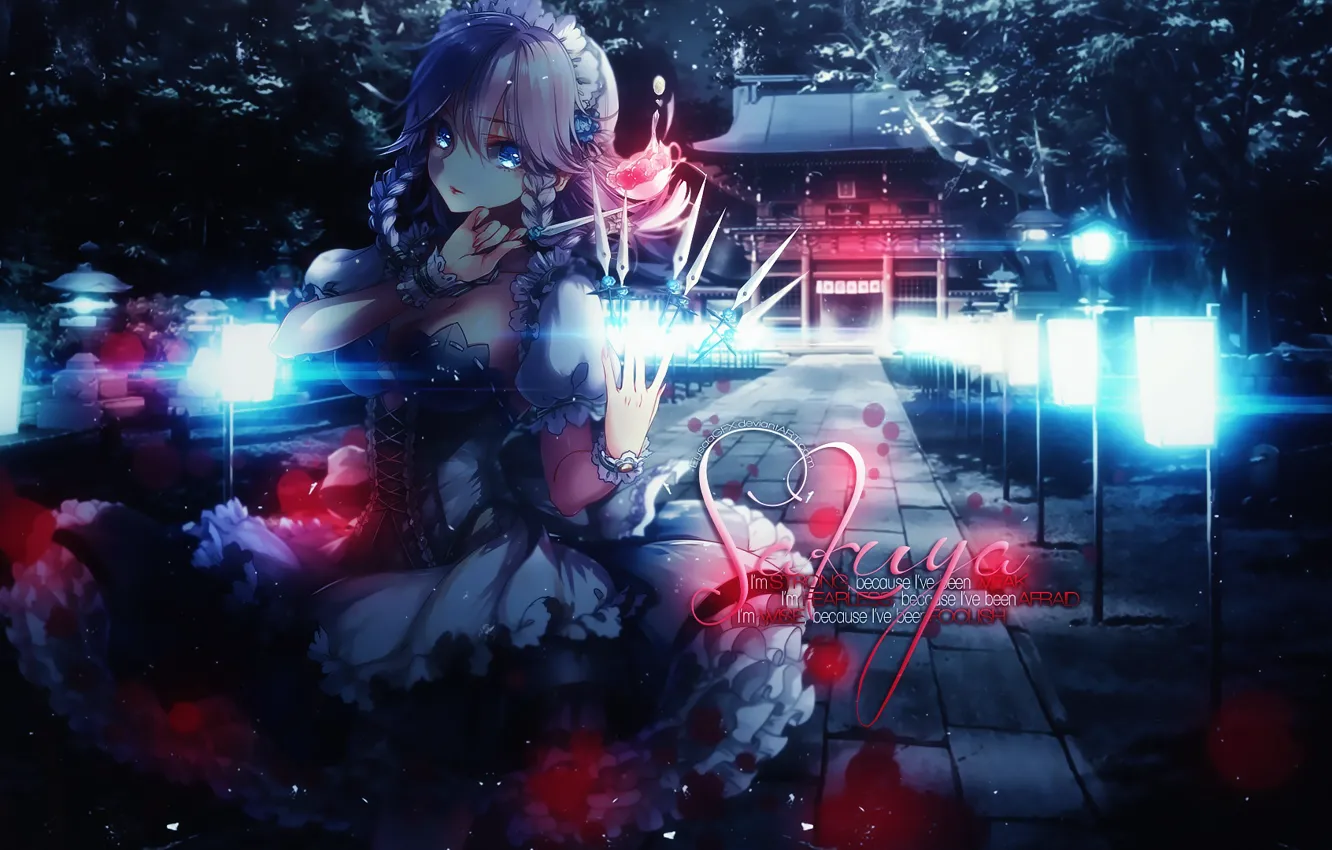 Фото обои япония, фонари, храм, корсет, ножи, горничная, izayoi sakuya, art