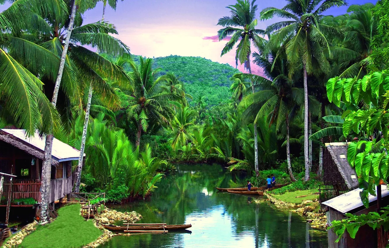 Фото обои тропики, река, пальмы, деревня, Philippines, Siargo
