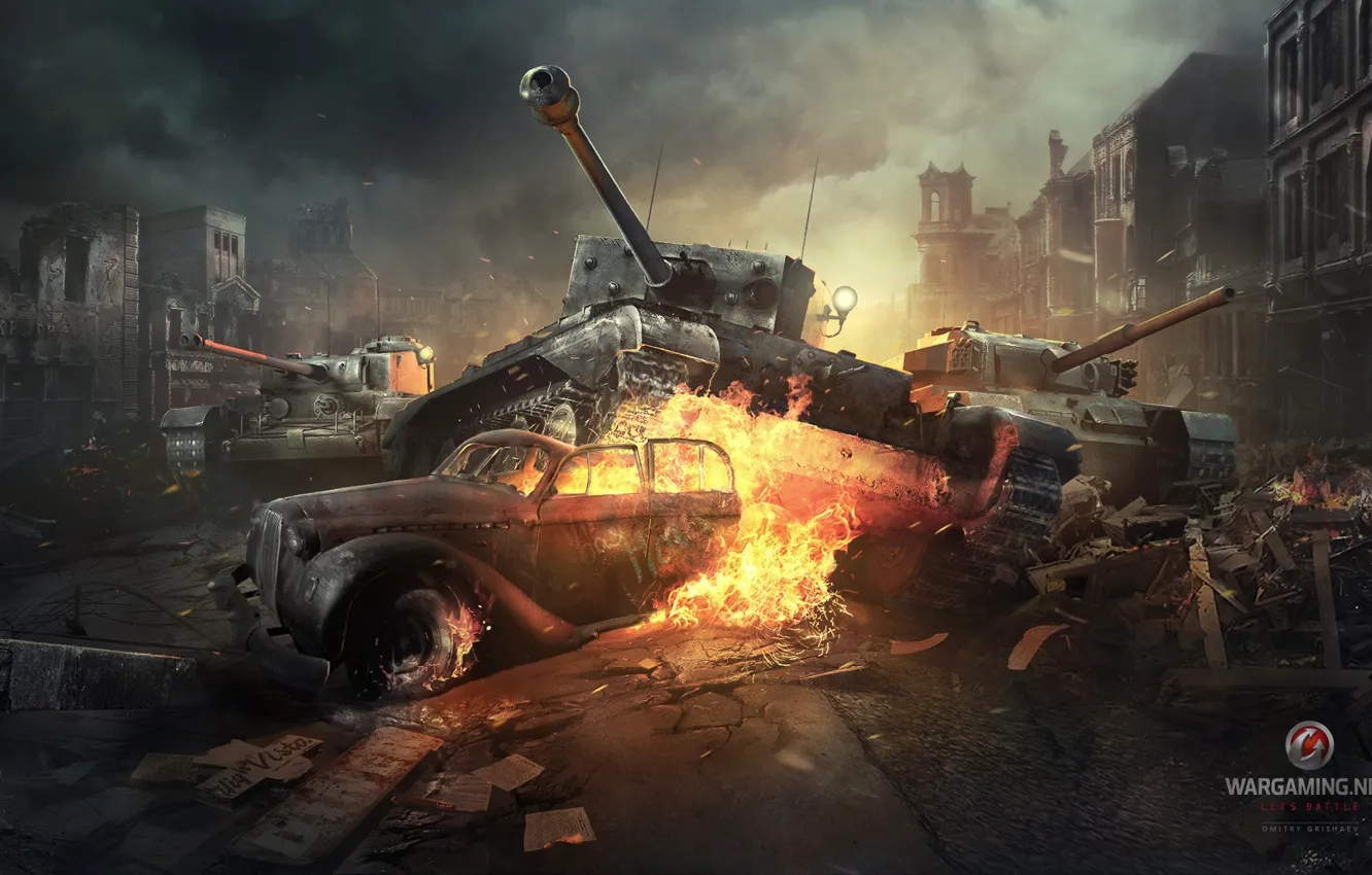 Фото обои город, пламя, война, дым, британцы, танки, World of tanks, WoT