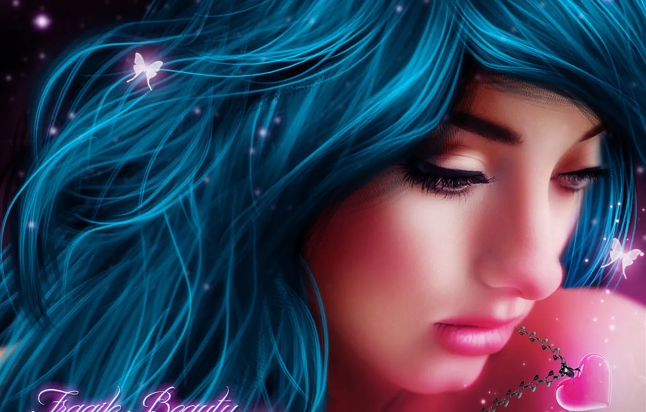 Фото обои взгляд, девушка, бабочки, фантастика, магия, сердце, синие волосы