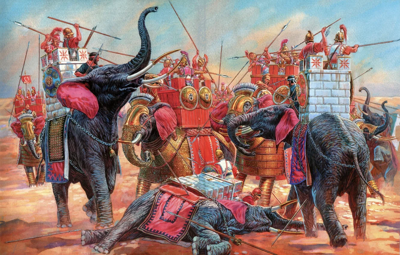 Фото обои рисунок, броня, битва, слоны, боевые, стрелки вооружённые дротиками, широкие панцирные наголовники, бронзовые налобники