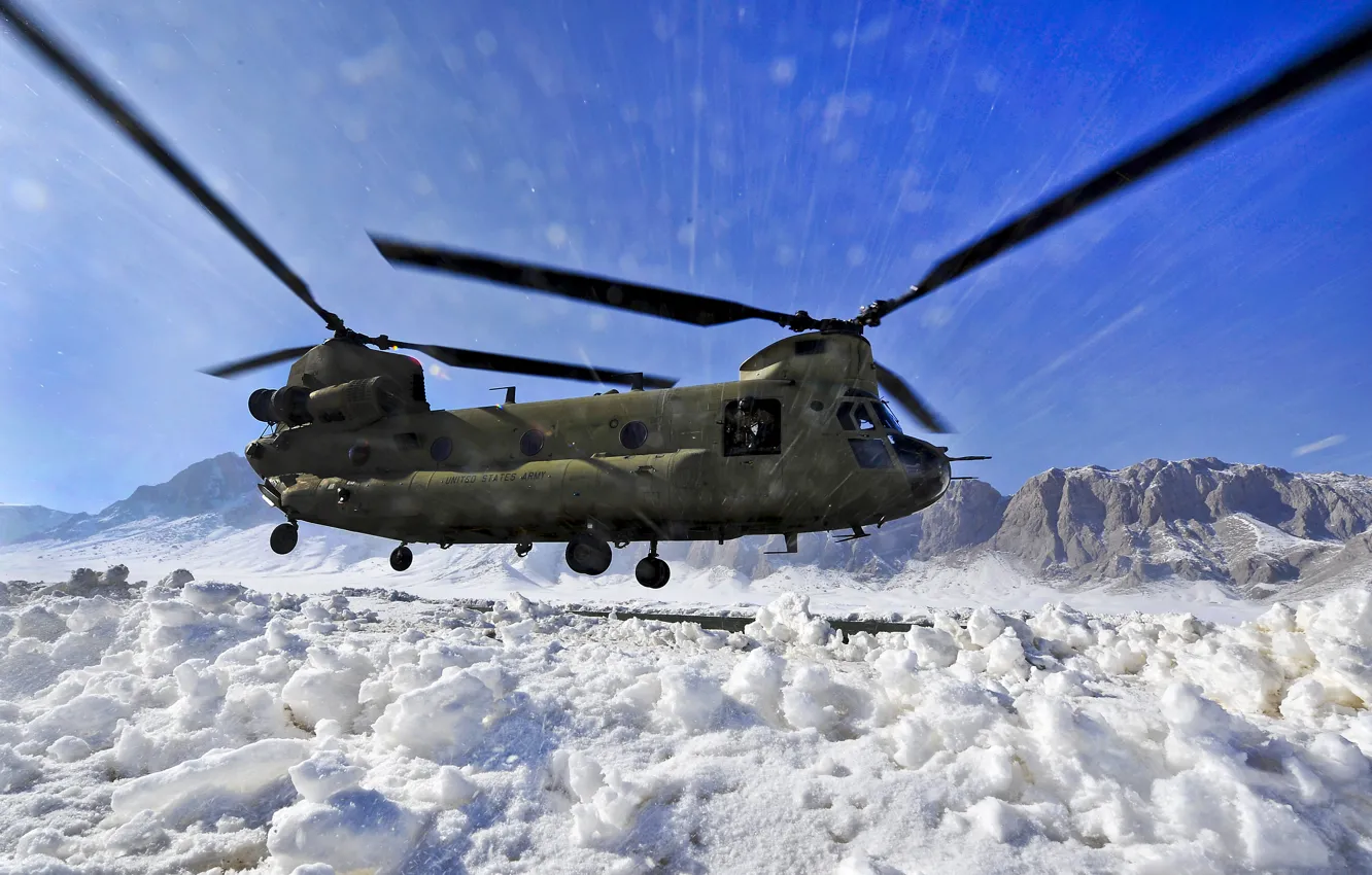 Фото обои снег, горы, вертолёт, американский, транспортный, тяжёлый, Chinook, CH-47