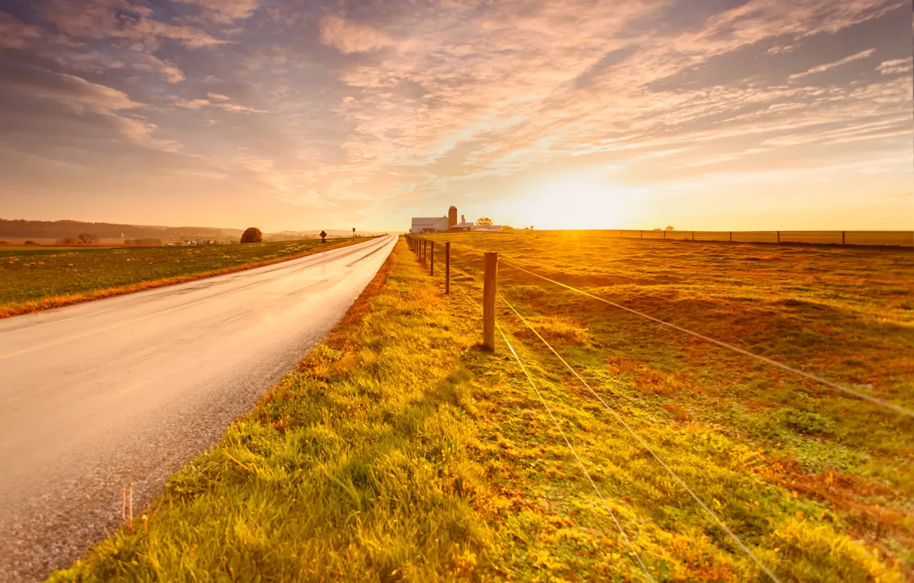 Фото обои дорога, поле, осень, небо, трава, облака, природа, ограда