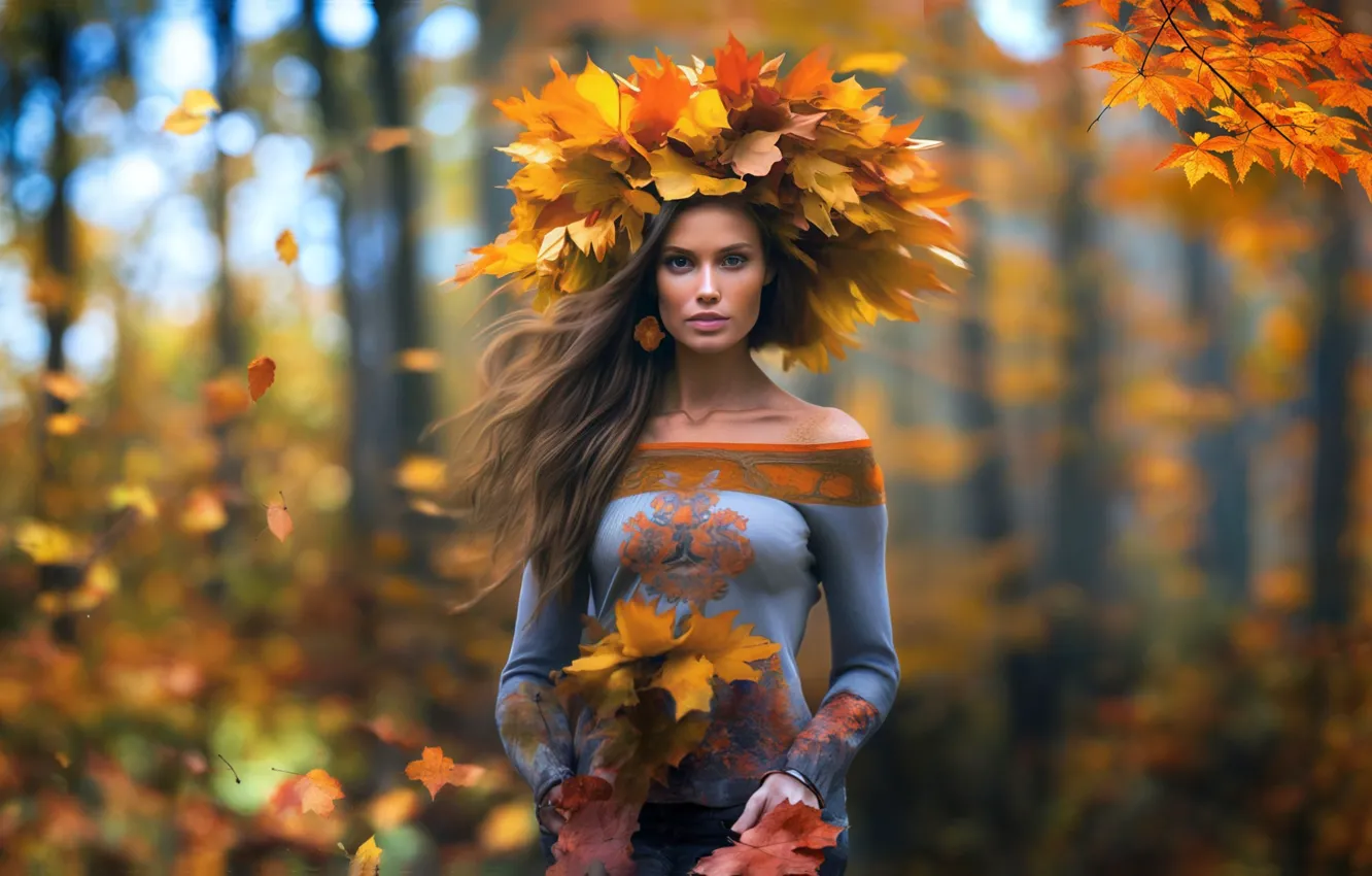 Фото обои осень, лес, листья, девушка, пейзаж, природа, осенние листья, осенний пейзаж