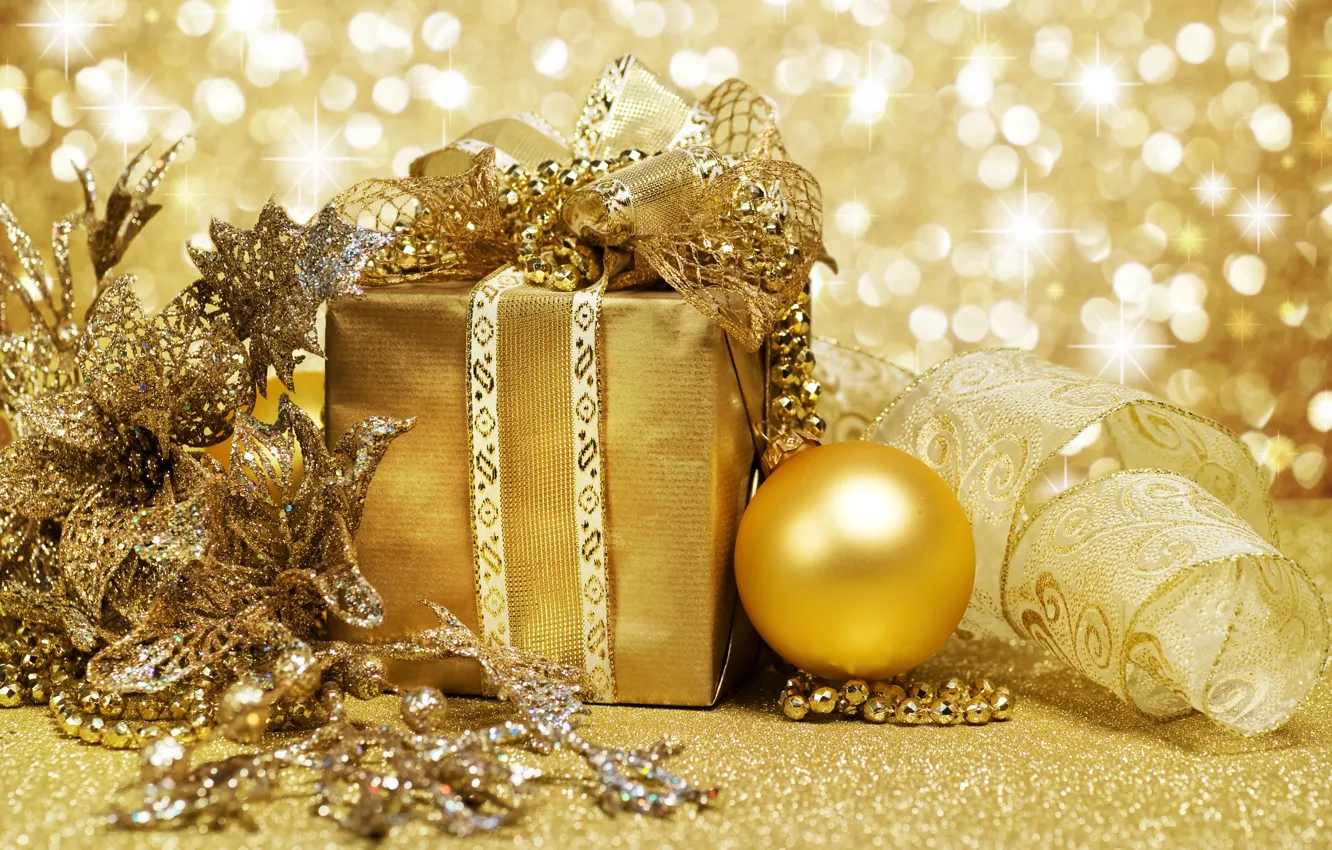 Фото обои золото, подарок, новый год, лента, снежинка